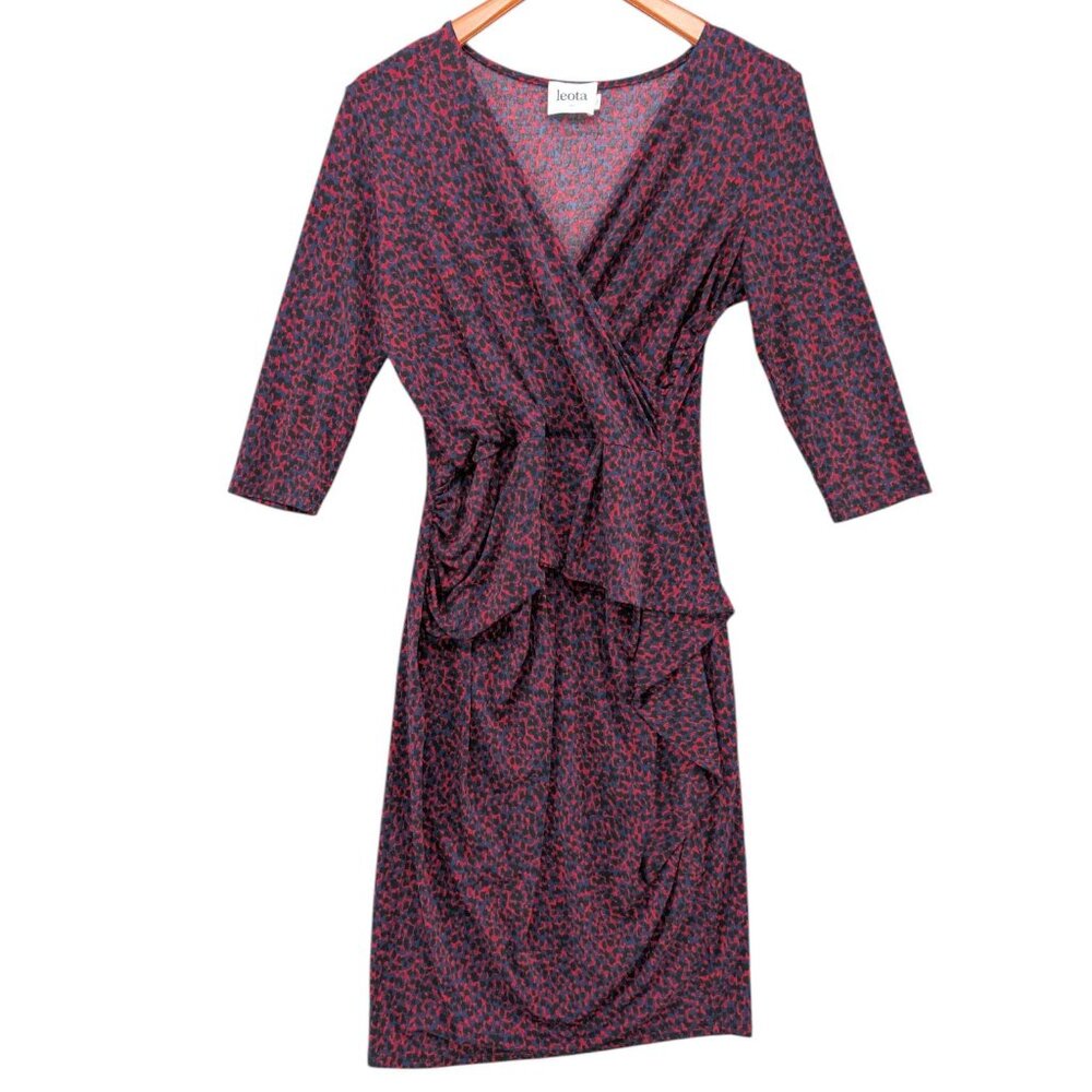 Leota Jersey Sheath Dress Purple Blue Abstract Surplice Neck 3/4 Sleeve Size L
